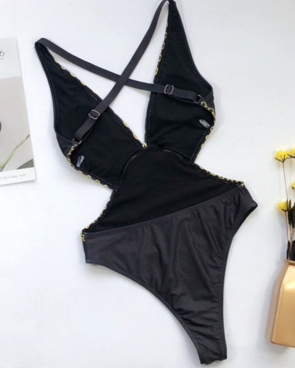 Damski jednoczęściowy strój kąpielowy monokini z odkrytymi plecami i motywem łańcuszka