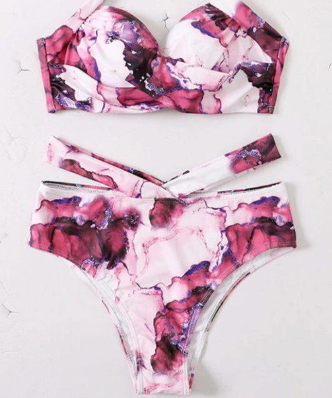 Damski dwuczęściowy strój kąpielowy bikini z paseczkami w marmurkowe wzory