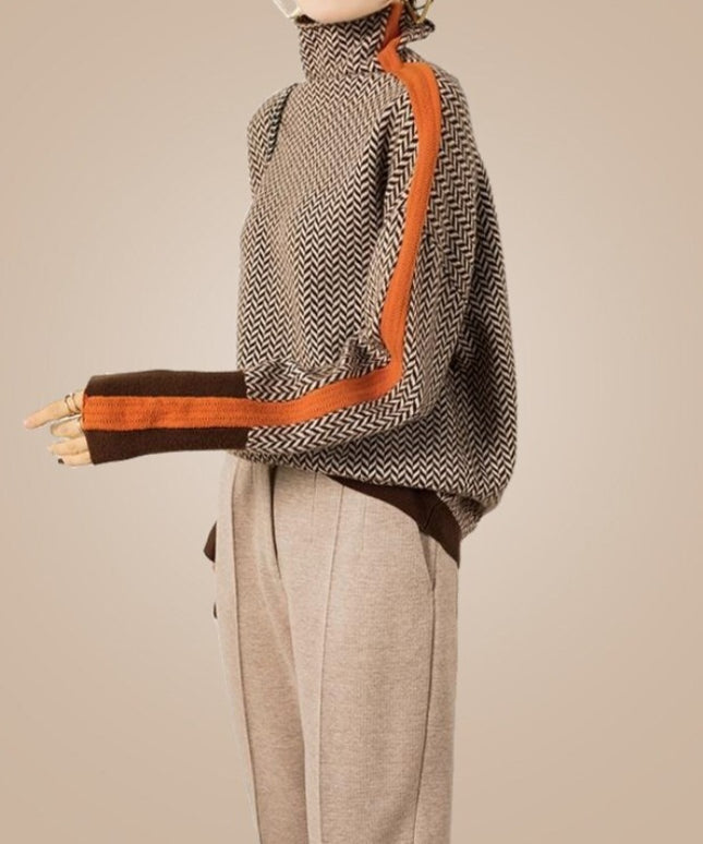 Damski sweter typu golf z kolorową lamówką