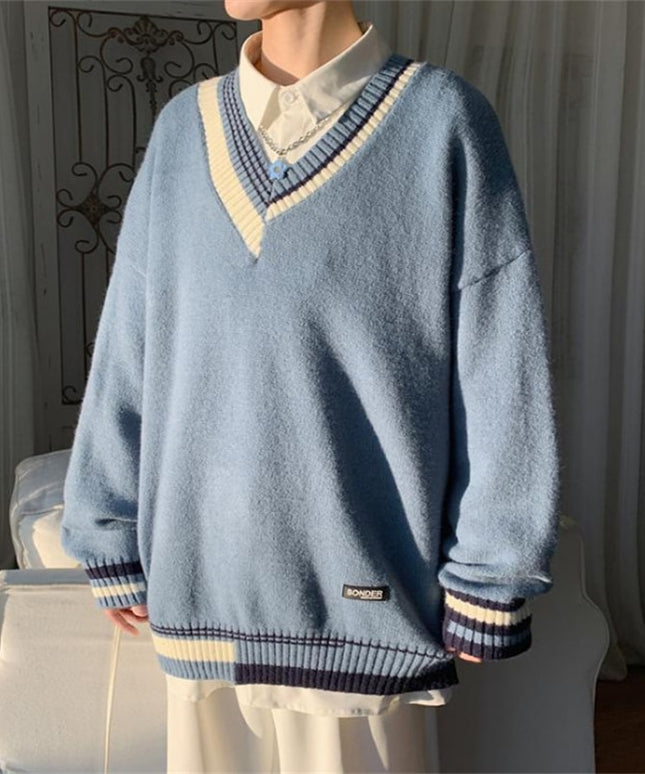 Męski sweter z dekoltem w serek o kroju oversize