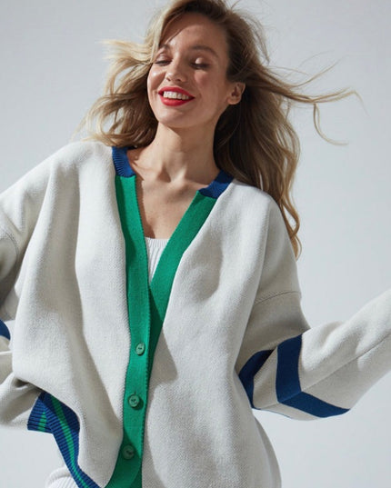 Damski sweter typu kardigan z kolorowymi paskami