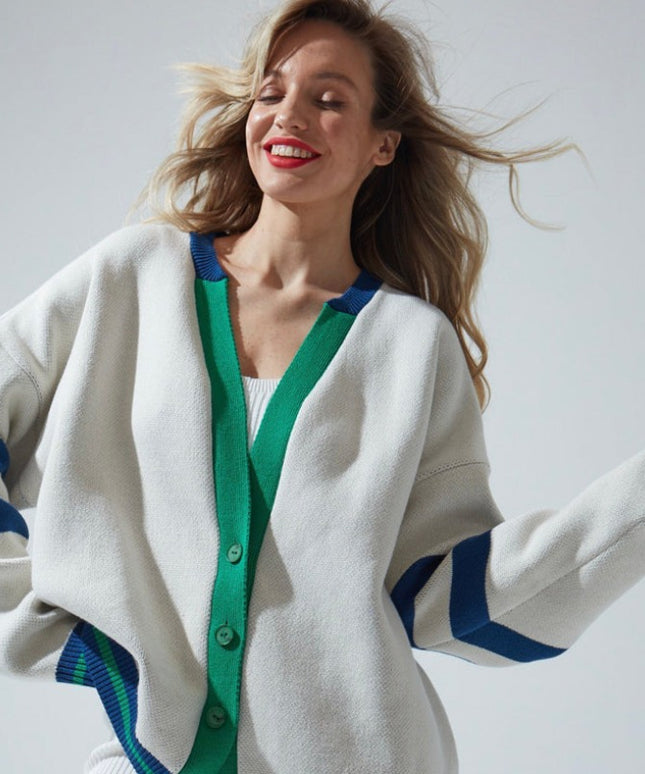 Damski sweter typu kardigan z kolorowymi paskami