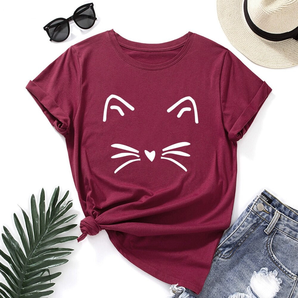 Damski T-shirt klasyczny z nadrukiem z motywem kotka