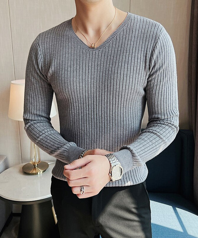 Męski sweter z dekoltem w łódkę z prążkowanej dzianiny