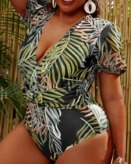 Damski jednoczęściowy strój kąpielowy plus size w liście z paskiem w talii
