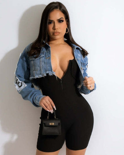 Damska kurtka jeansowa krótka z nadrukiem na plecach