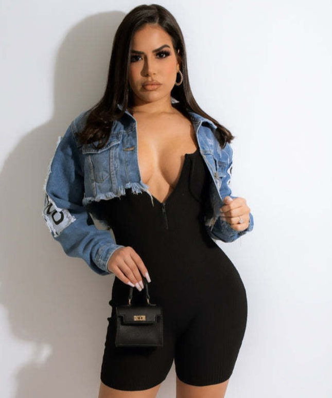 Damska kurtka jeansowa krótka z nadrukiem na plecach