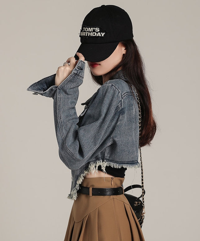 Damska kurtka jeansowa asymetryczna z przetarciami