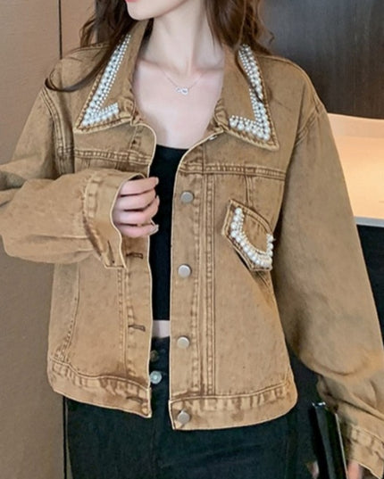 Damska kurtka jeansowa zdobiona imitacją pereł