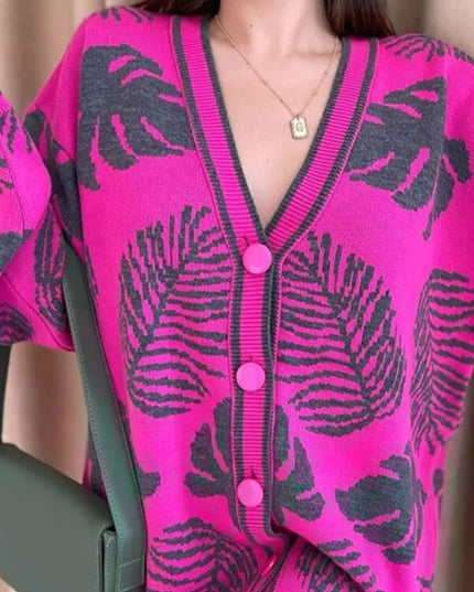 Damski sweter typu kardigan we wzór liści