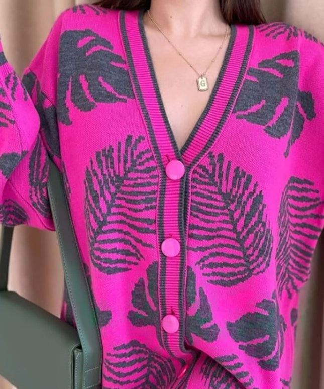 Damski sweter typu kardigan we wzór liści