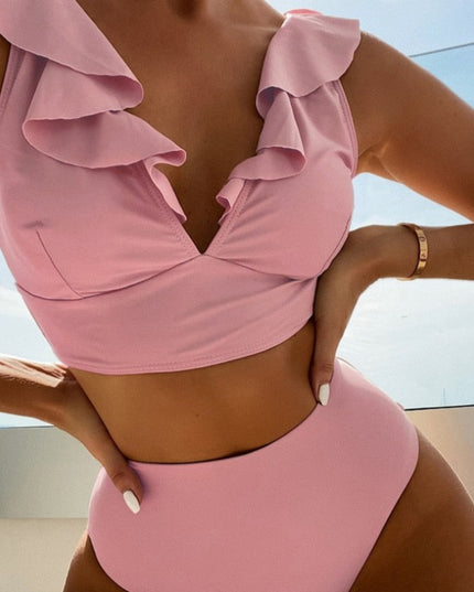 Damski dwuczęściowy strój kąpielowy bikini z wysokim stanem i ozdobnymi falbankami