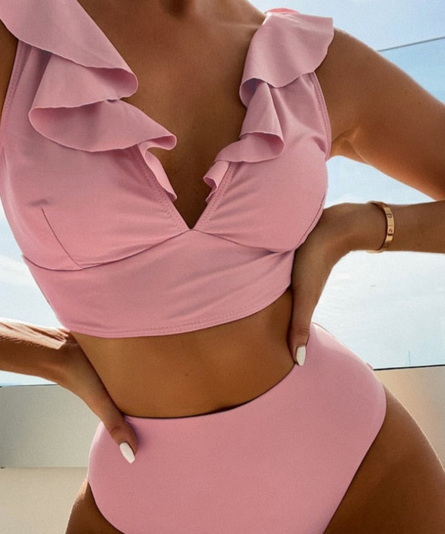 Damski dwuczęściowy strój kąpielowy bikini z wysokim stanem i ozdobnymi falbankami