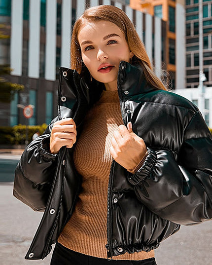 Damska kurtka zimowa z materiału imitującego skórę