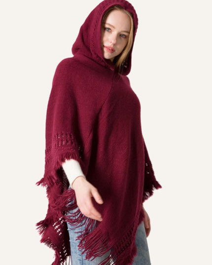 Damski sweter dzianinowy typu ponczo z frędzlami i kapturem