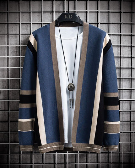 Męski sweter typu kardigan w ozdobne pasy