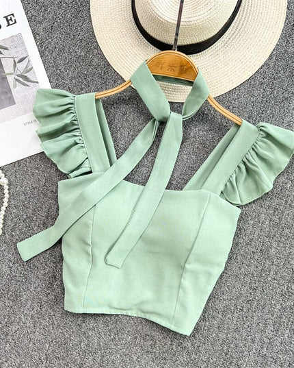 Damski crop top gorsetowy z na ramiączkach z falbankami