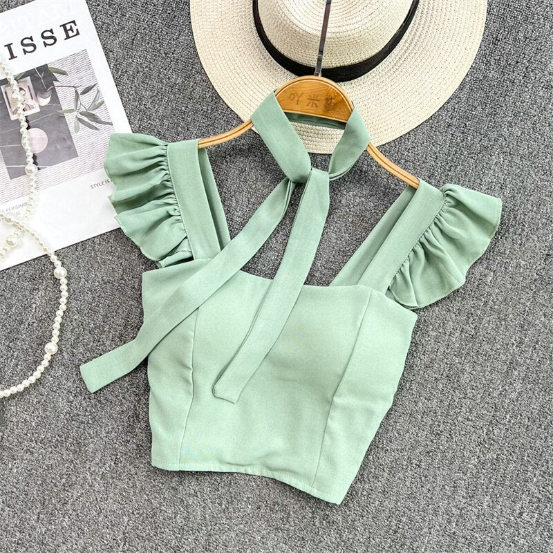 Damski crop top gorsetowy z na ramiączkach z falbankami