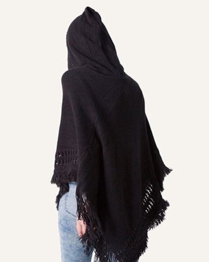Damski sweter dzianinowy typu ponczo z frędzlami i kapturem