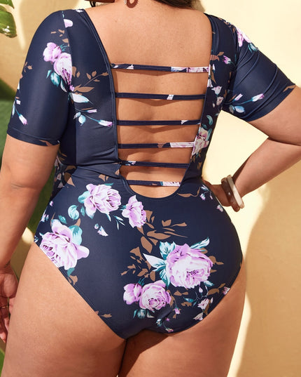 Damski jednoczęściowy strój kąpielowy plus size w kwiaty z paseczkami na plecach