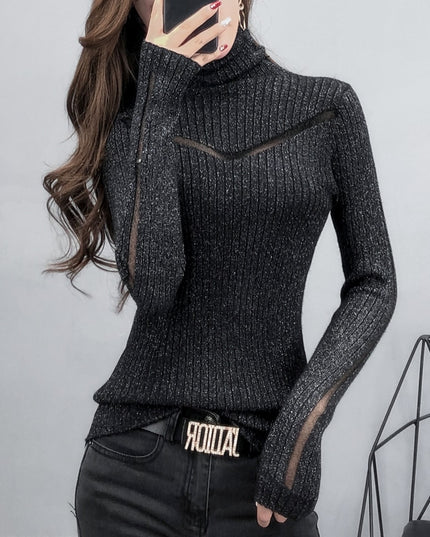 Damski sweter typu golf z ozdobnym prześwitem