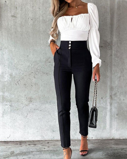 Damskie spodnie chinosy z wysokim stanem zapinane na guziki