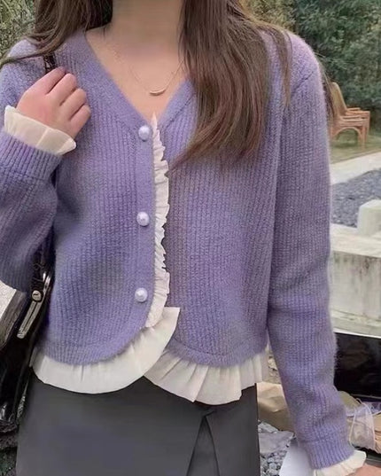 Damski sweter typu kardigan z falbanką