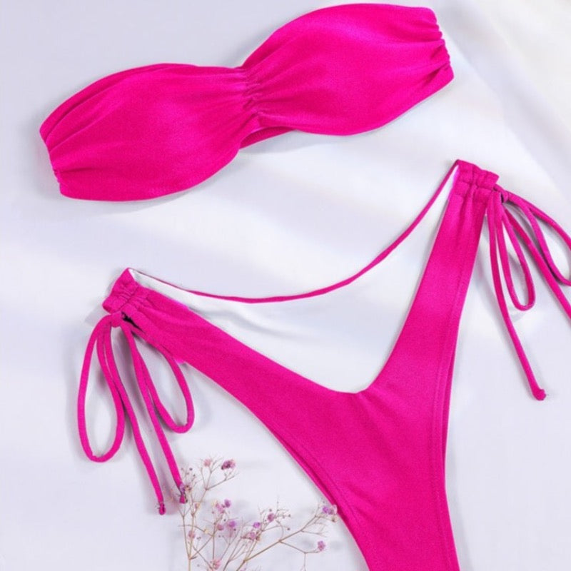 Damski dwuczęściowy strój kąpielowy bikini z marszczeniem i wiązaniami