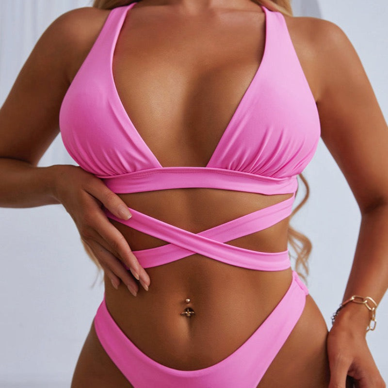 Damski dwuczęściowy strój kąpielowy bikini z wiązaniem w talii