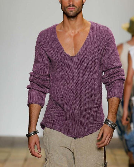 Męski sweter dziergany z dekoltem w serek