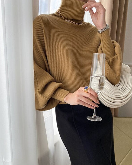 Damski sweter typu golf z bufiastymi rękawami