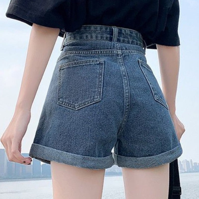 Damskie szorty mom jeans z wysokim stanem z podwiniętymi nogawkami