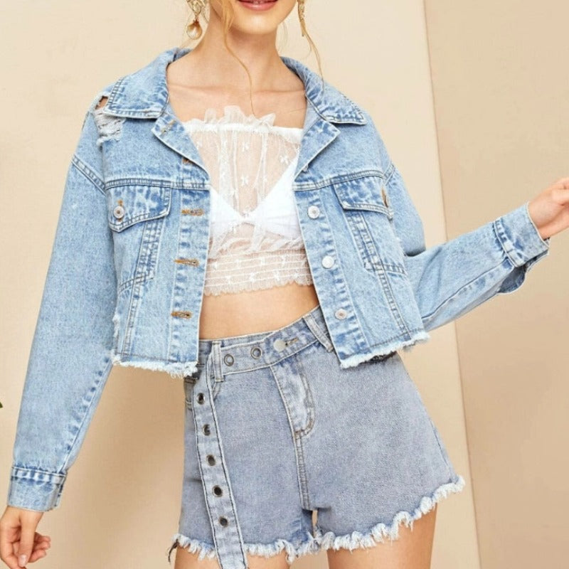Damska kurtka jeansowa oversize z przetarciami