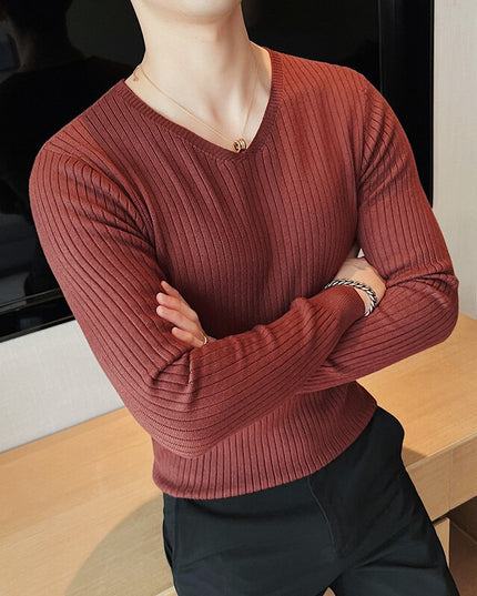 Męski sweter z dekoltem w łódkę z prążkowanej dzianiny