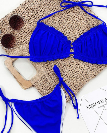 Damski dwuczęściowy strój kąpielowy bikini marszczony z wiązaniami