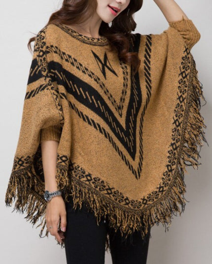 Damski sweter typu ponczo w azteckie wzory