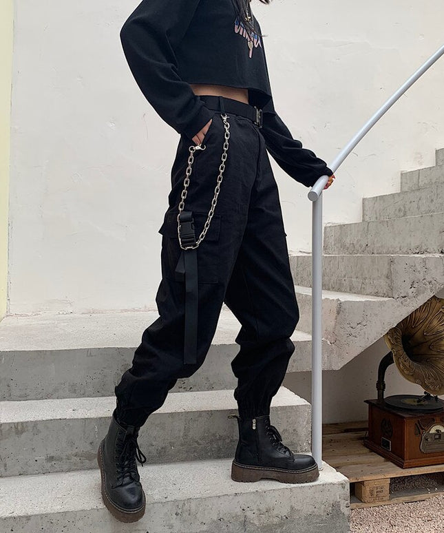 Damskie spodnie cargo z wysokim stanem i klamrami