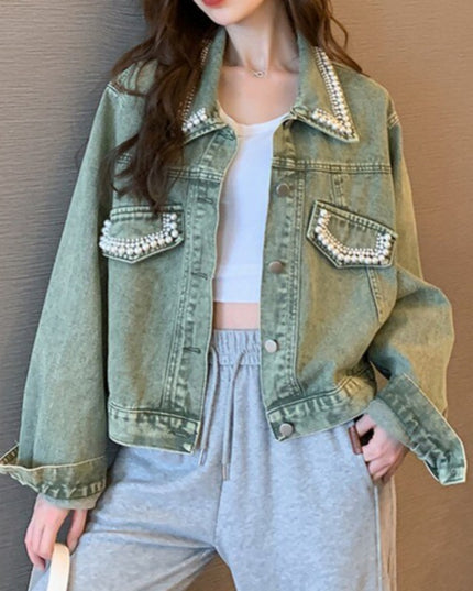 Damska kurtka jeansowa zdobiona imitacją pereł