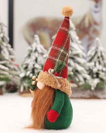 Świąteczny Bożonarodzeniowy zielony skrzat z czapką w kratę