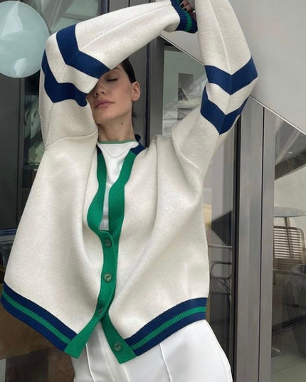 Damski sweter typu kardigan z kolorowymi paskami