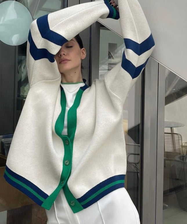 Damski sweter typu kardigan z kolorowymi paskami