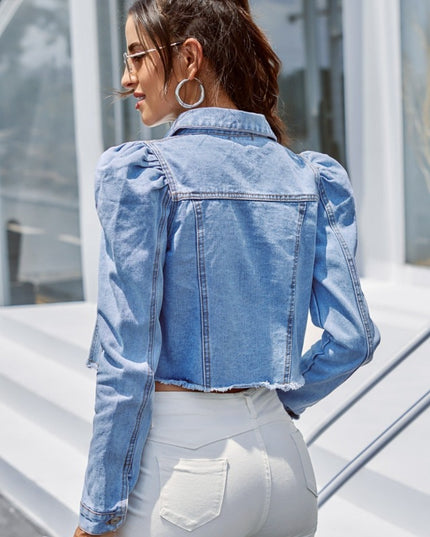 Damska kurtka jeansowa krótka z bufkami na ramionach