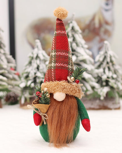 Świąteczny Bożonarodzeniowy zielony skrzat z czapką w kratę