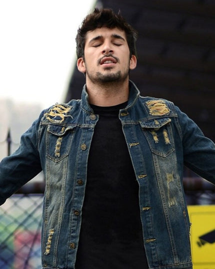 Męska kurtka jeansowa klasyczna z przetarciami