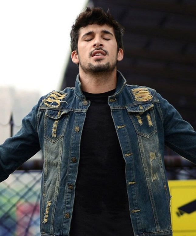 Męska kurtka jeansowa klasyczna z przetarciami