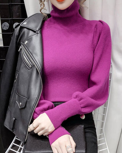 Damski sweter z golfem i bufiastymi rękawami