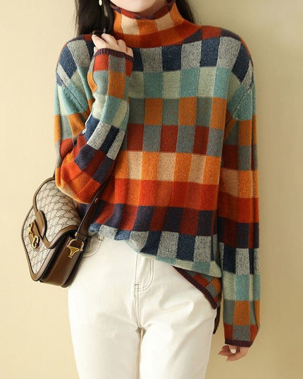 Damski sweter typu golf w ozdobną szachownicę