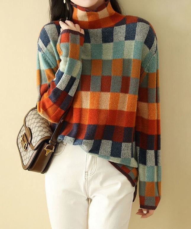 Damski sweter typu golf w ozdobną szachownicę