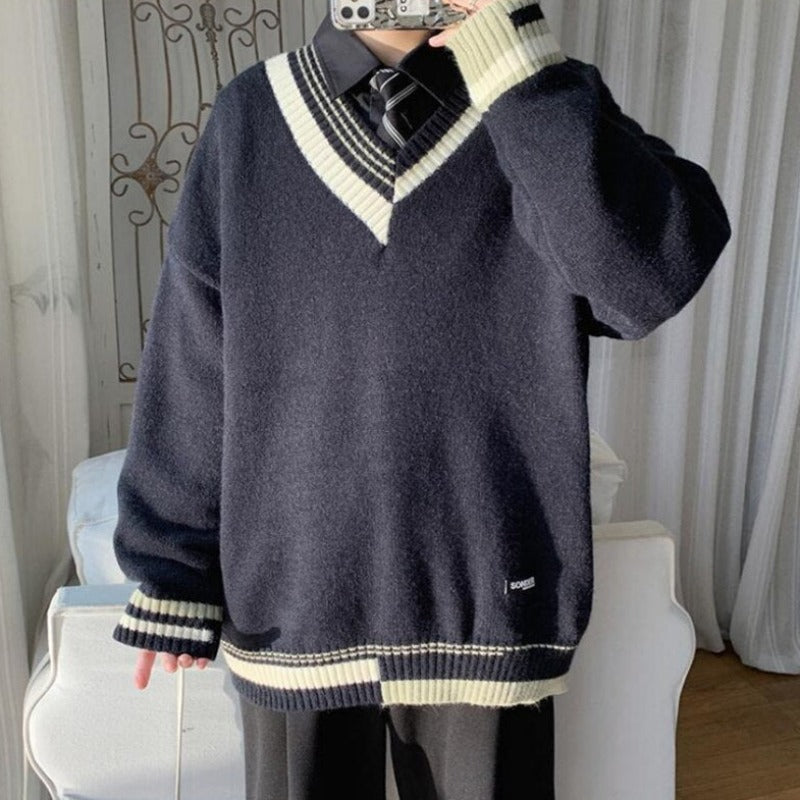 Męski sweter z dekoltem w serek o kroju oversize