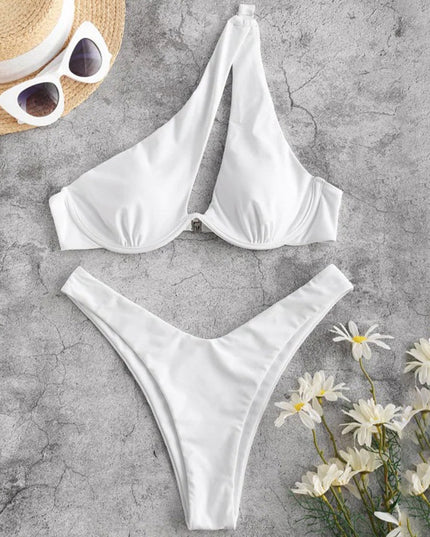 Damski dwuczęściowy strój kąpielowy bikini na jedno ramię z wycięciem